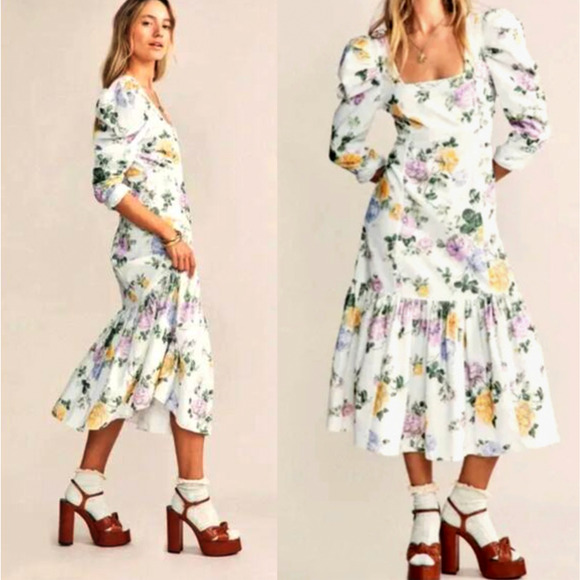 LoveShackFancy 6 Ellington Corduroy Milkmaid Dress Puff Sleeve Square Neck Midi - Picture 1 of 7